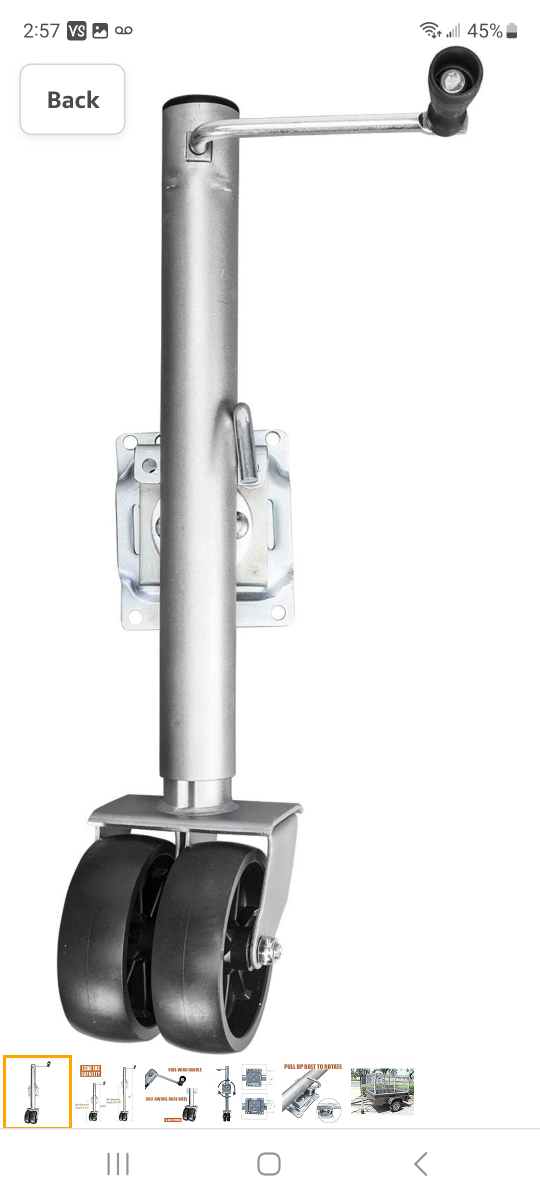 Dual wheel swing back boat trailer jack