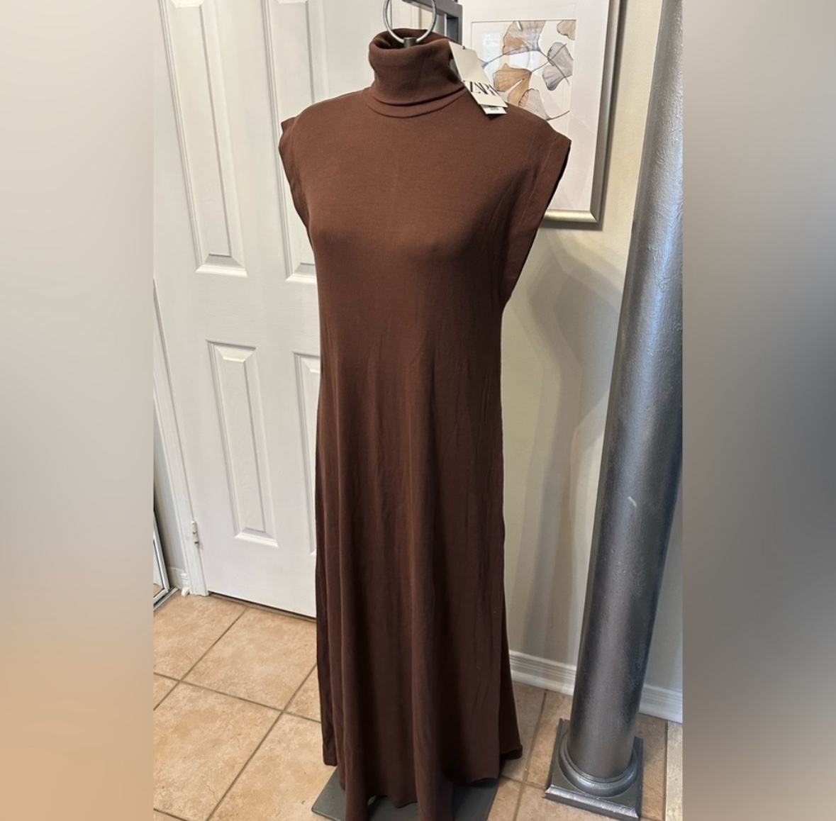 BNWT Zara Woman’s Solid Brown Ribbed Turtleneck Tank Maxi Dress - photo 2