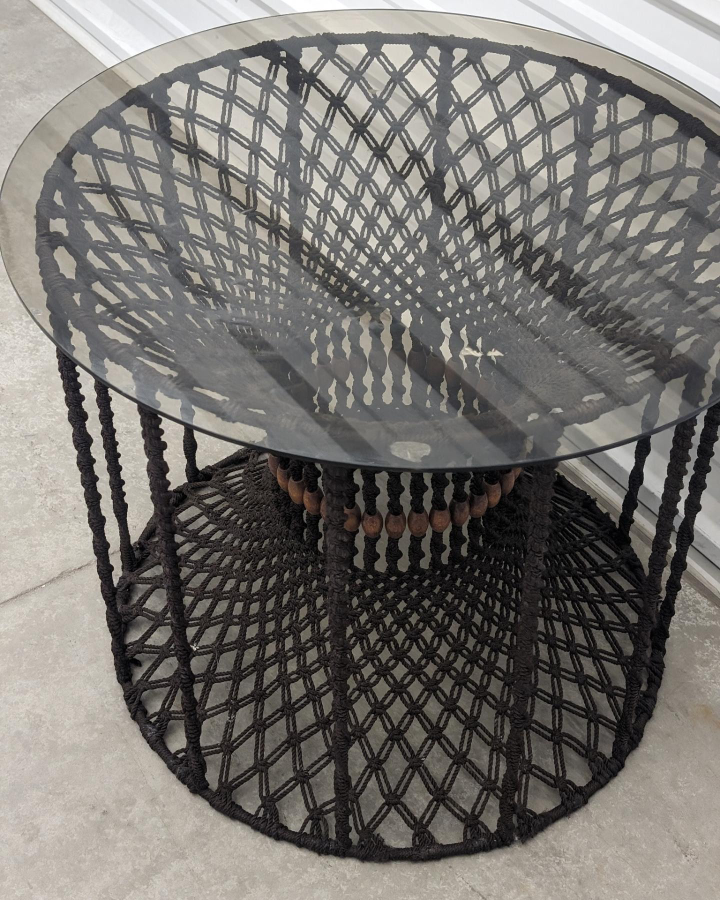 VINTAGE 1960s Handwoven Macrame Side Table With Glass thumbnail