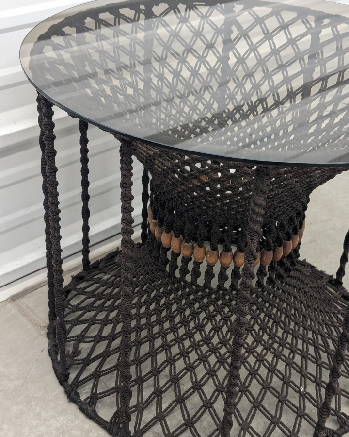 VINTAGE 1960s Handwoven Macrame Side Table With Glass - photo 2