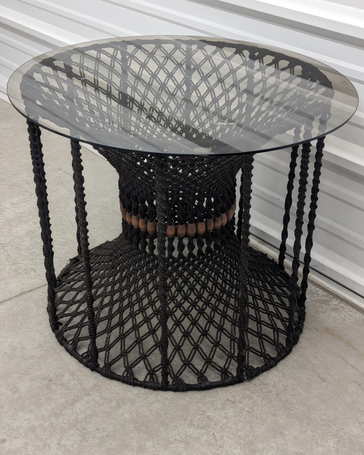 VINTAGE 1960s Handwoven Macrame Side Table With Glass - photo 4