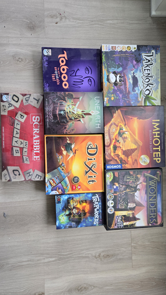 Boardgames: 7 Wonders, Dixie, Imhotep, Scrabble, Taboo, Takenoko