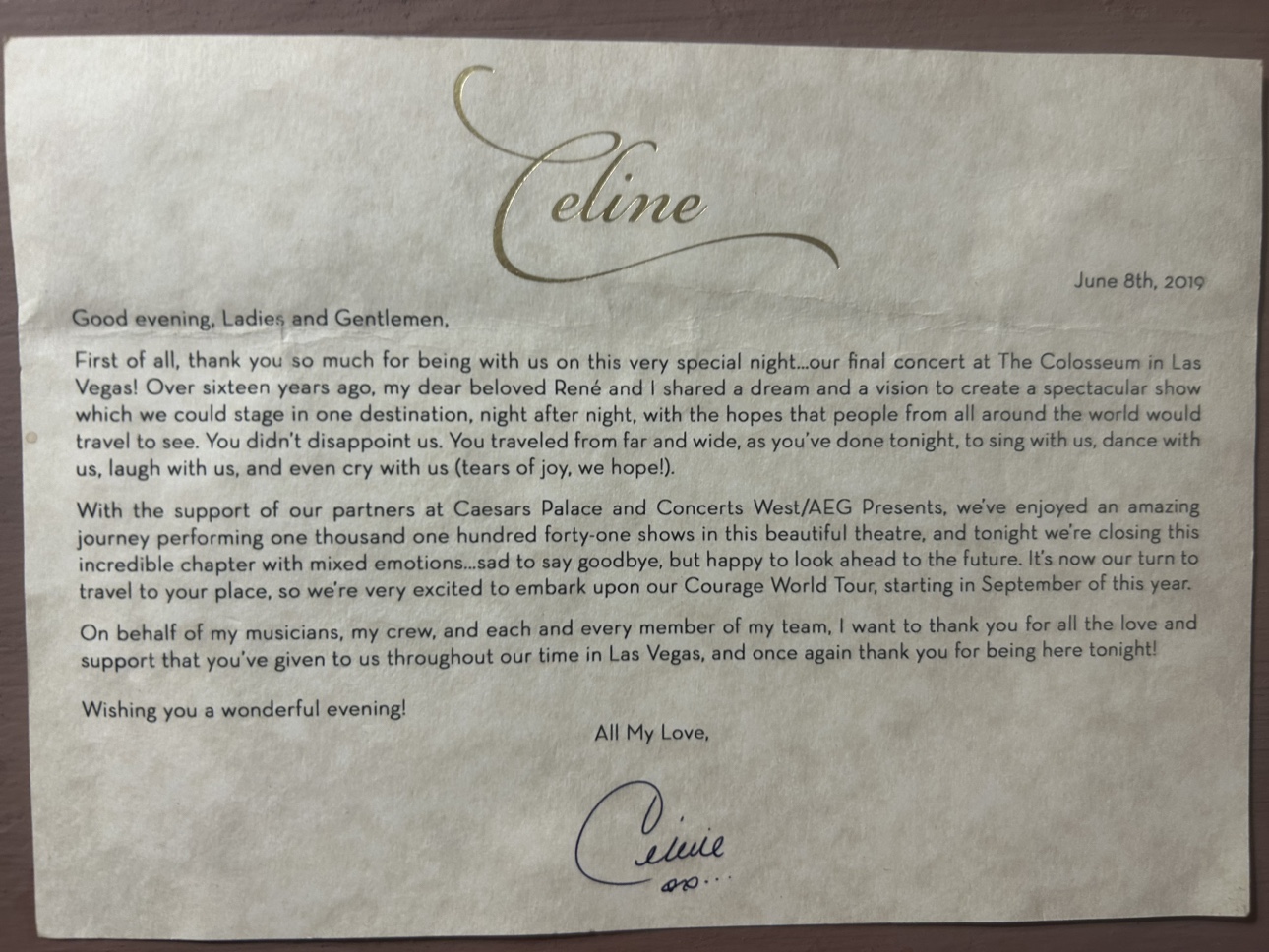 Ticket & Note from Celine Dion's final show at Ceaser's Palace image indicator(5)
