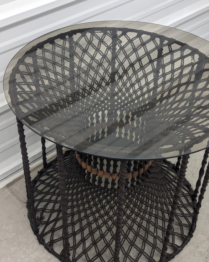 VINTAGE 1960s Handwoven Macrame Side Table With Glass - photo 5