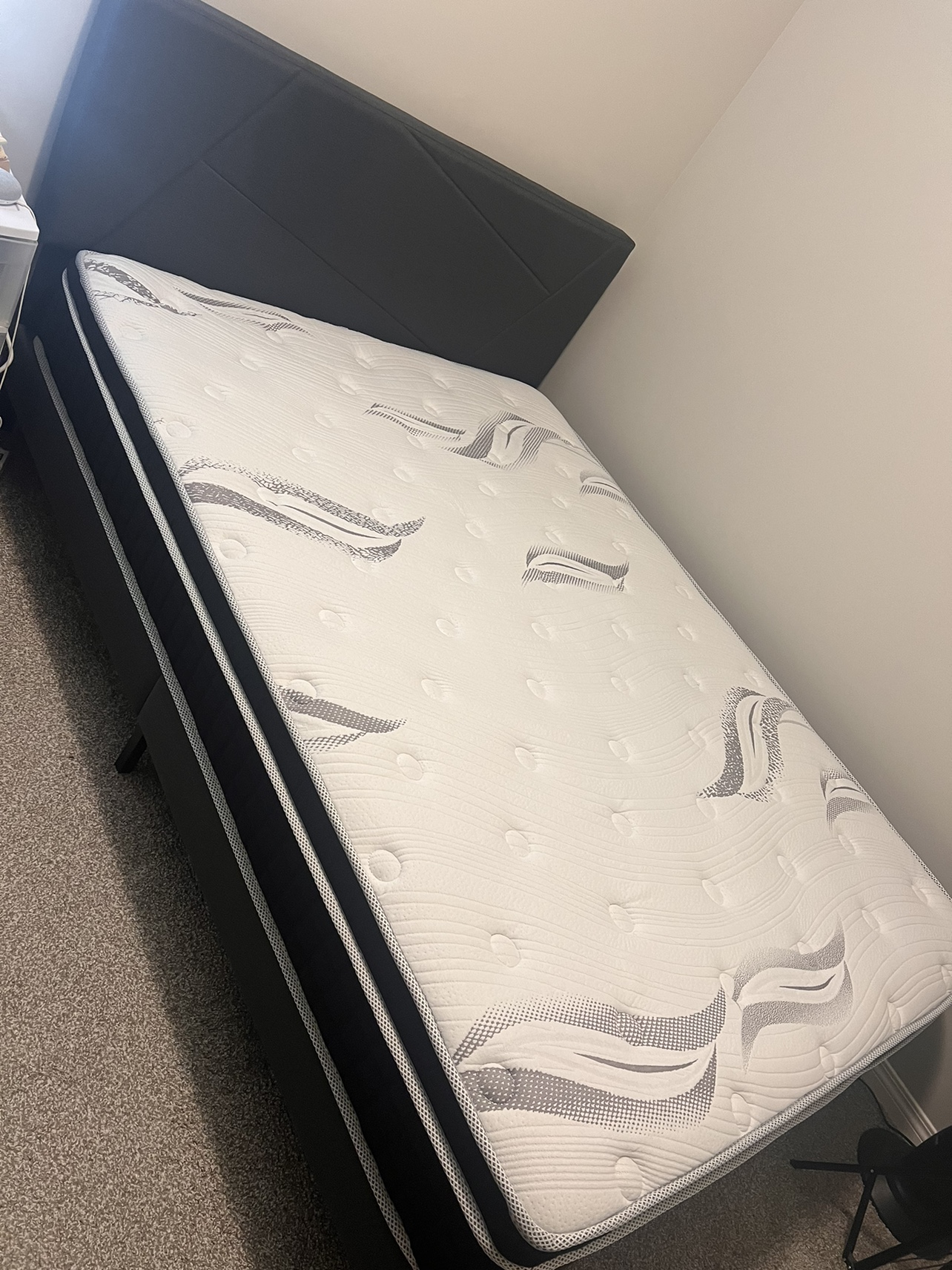 Queen mattress with bed frame and headboard