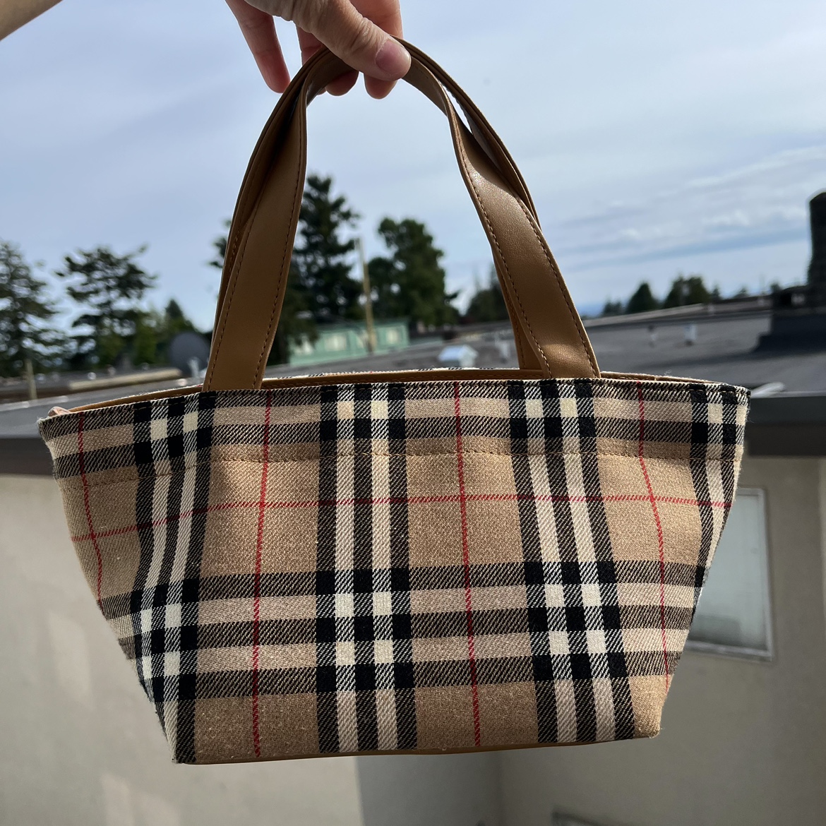 Brown plaid pattern handbag thumbnail
