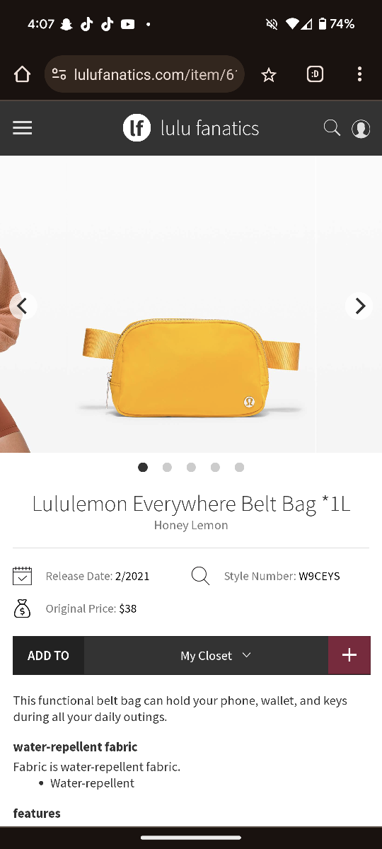 Lululemon Honey lemon everywhere belt bag