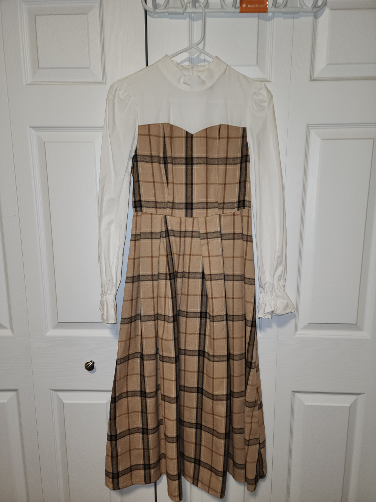 Cotton Plaid Flounce Sleeve Mock Neck Fold Pleated Hen Dress - photo 3