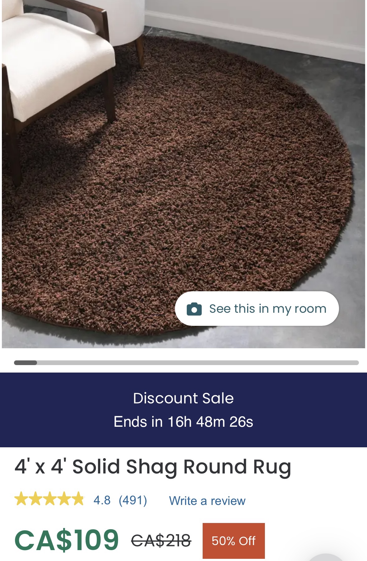 6X6 Solid Shag Brown Round Rug - photo 4
