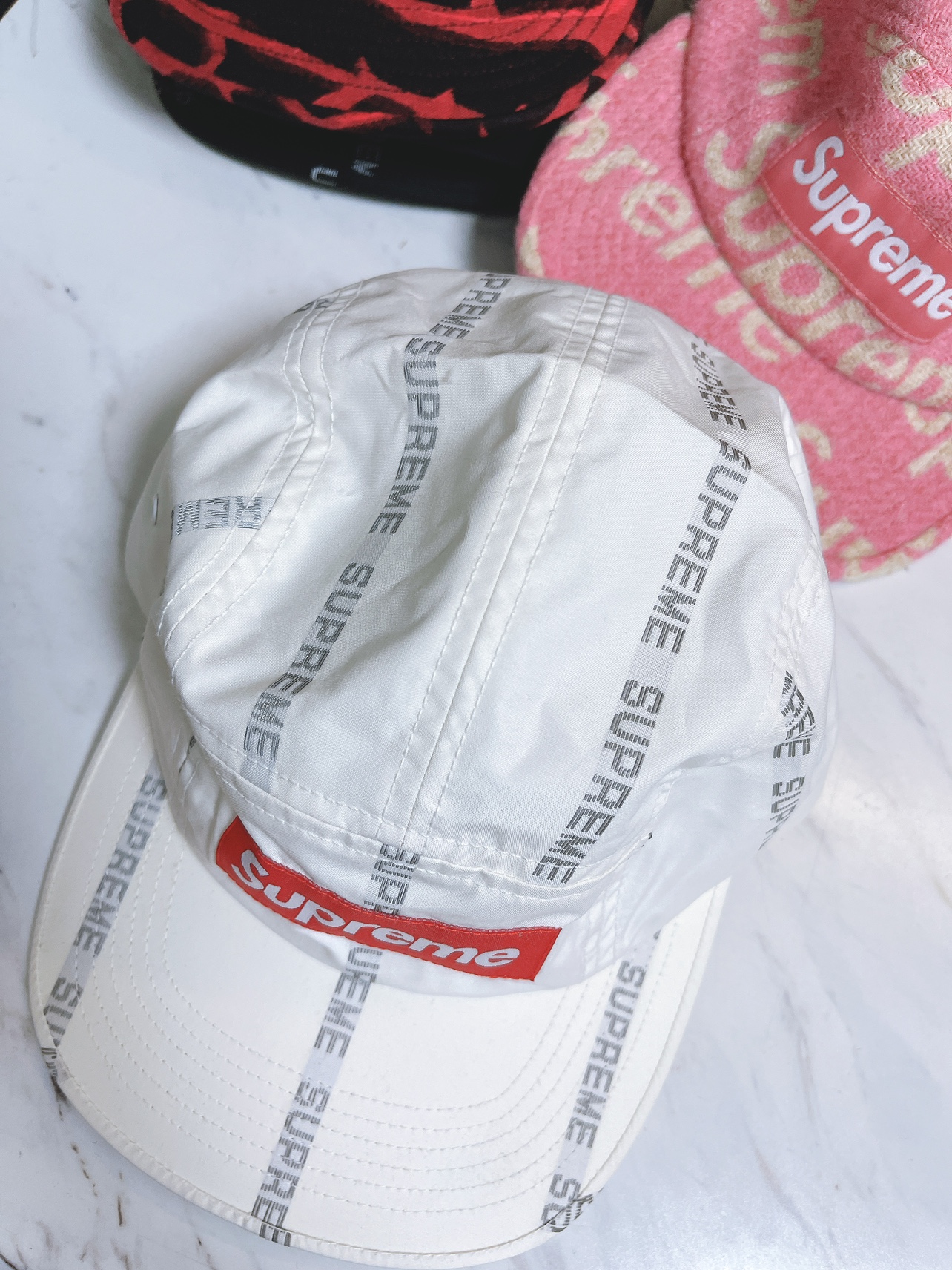 Supreme Reflective Text Camp Cap White image indicator(3)