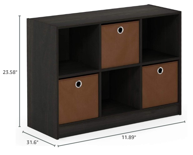 Cube Storage Bookcase Organizer with Bins, Espresso/Brown