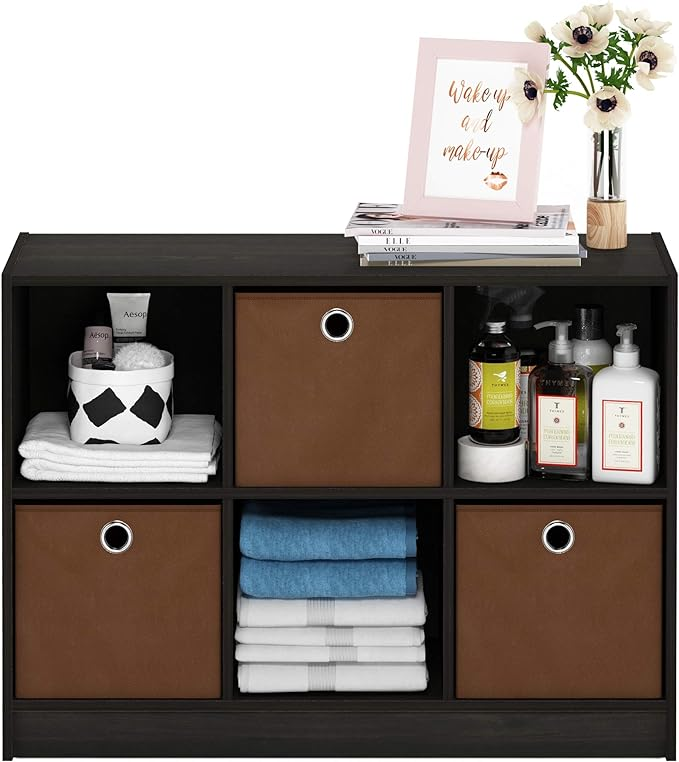 Cube Storage Bookcase Organizer with Bins, Espresso/Brown - photo 3