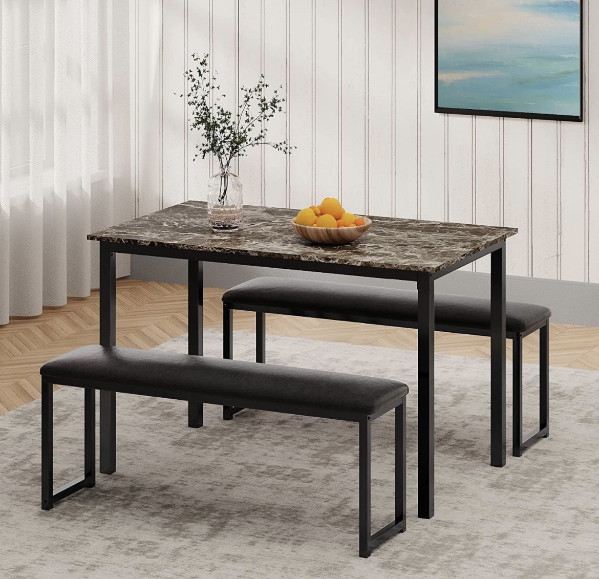 Dining table set with 2 leather cushioned benches