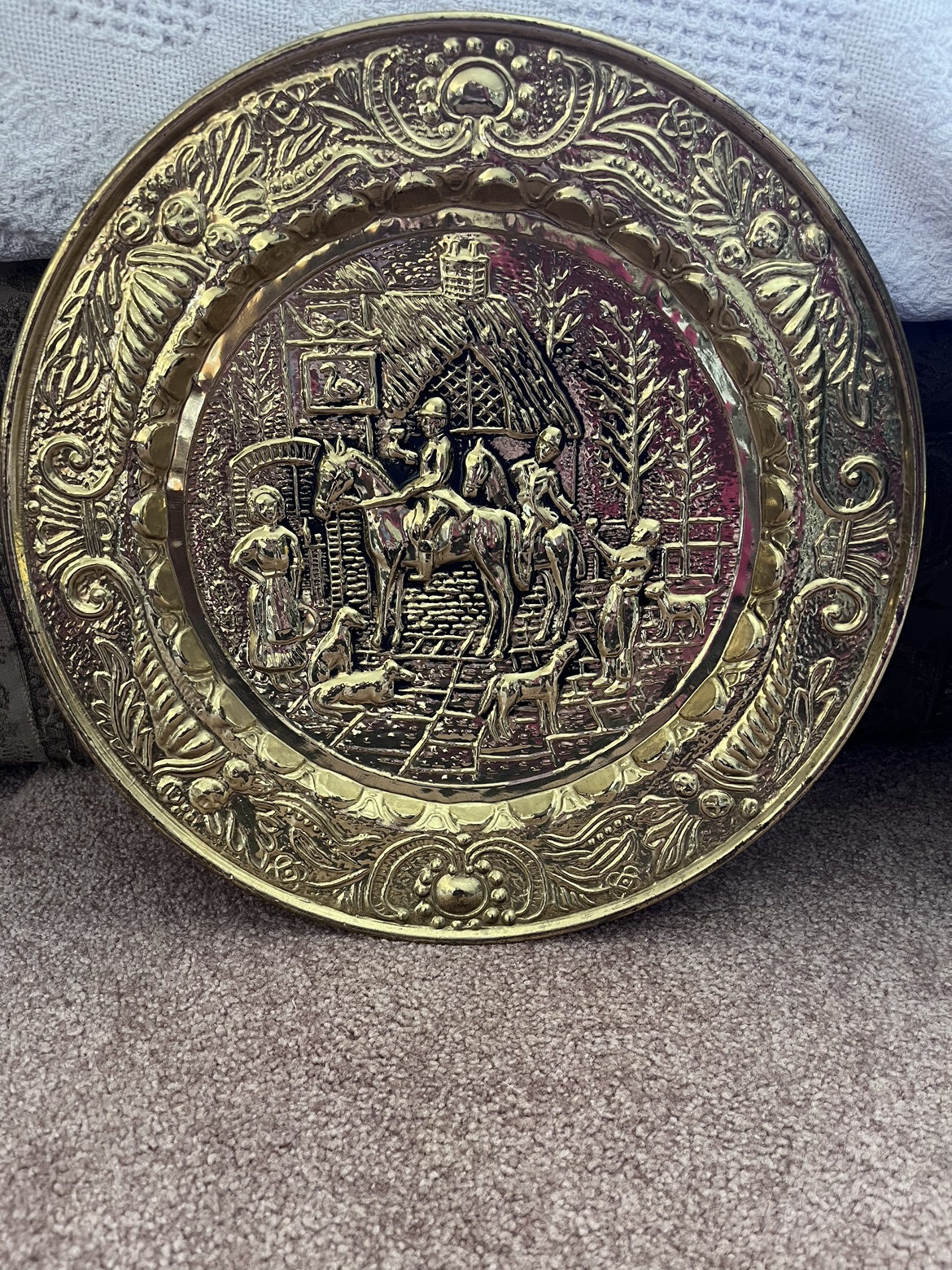 Vintage 14” brass decor plate.