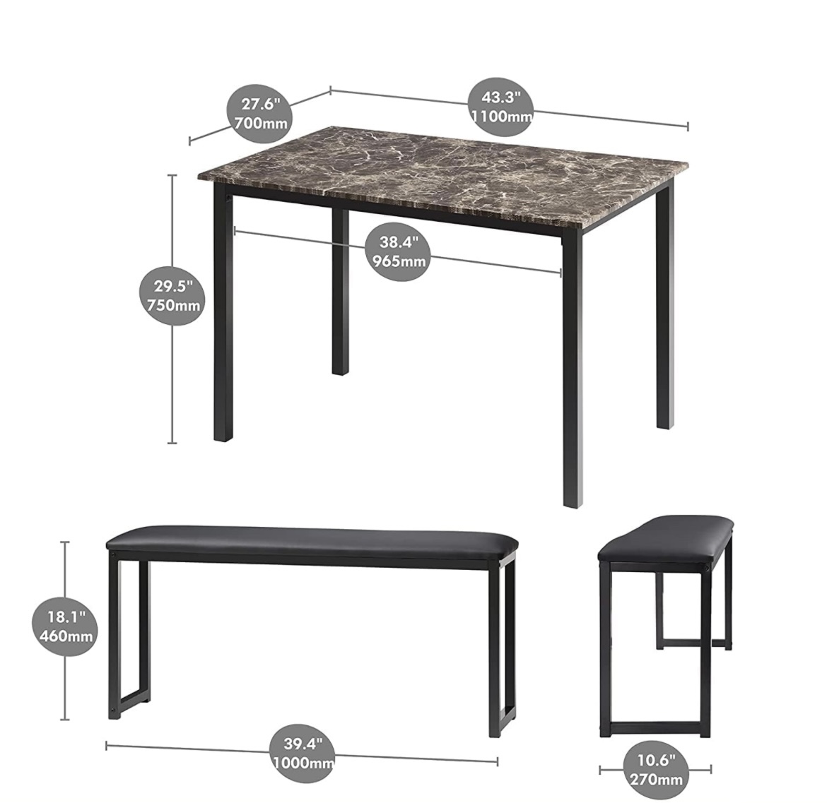 Dining table set with 2 leather cushioned benches - photo 2