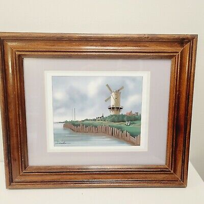 Lighthouse Windmill Signed Framed Colorful Art
