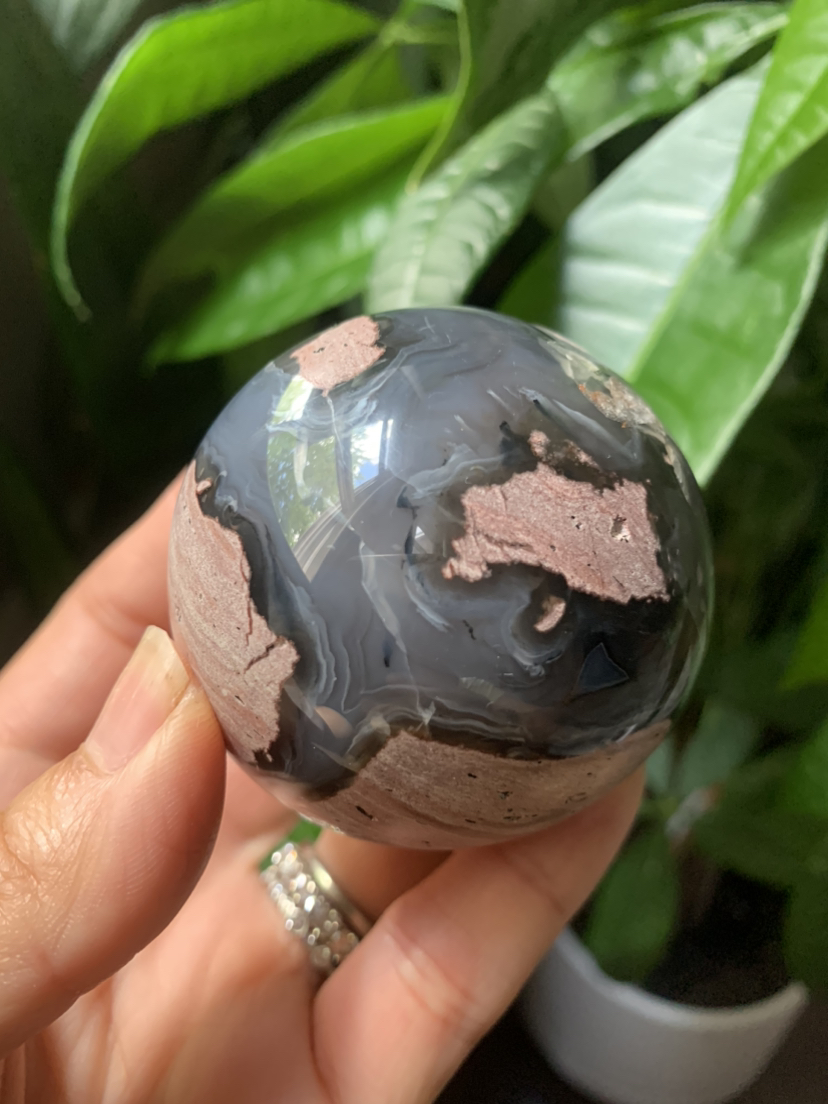 Red volcanic moss agate (UV reactive ) sphere A - crystal image indicator(7)