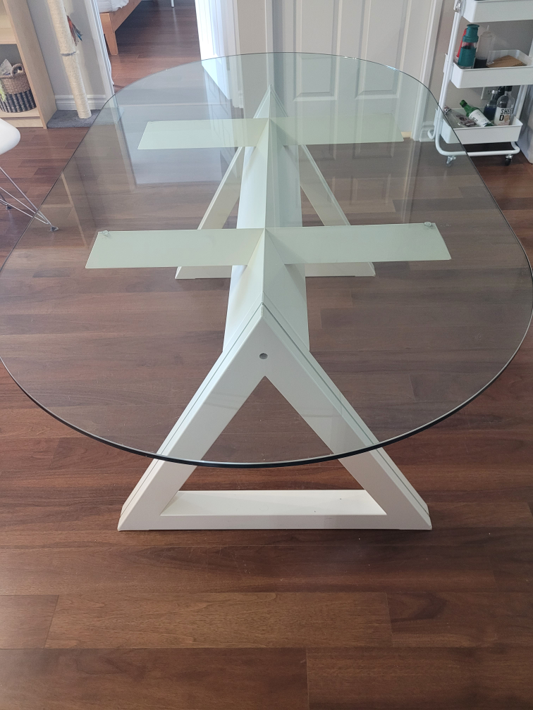 Vintage wood dining table with glass top thumbnail