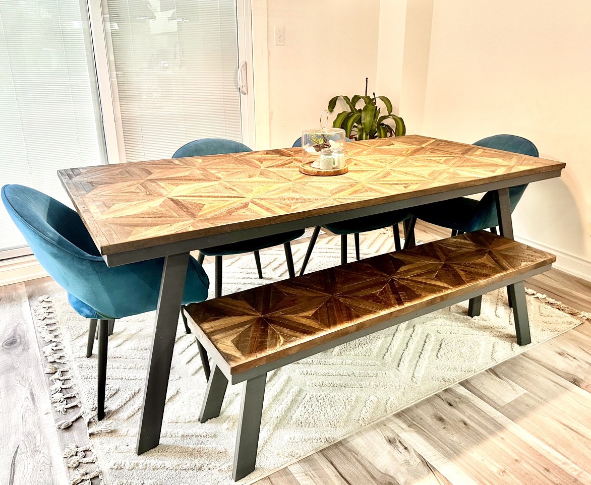 Dining table set with 4 chairs and a bench