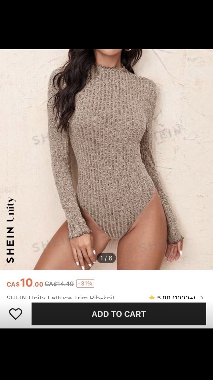 Shein Women’s Lettuce Trim Rib Knit Bodysuit Size XL 🤎🩶 image indicator(6)