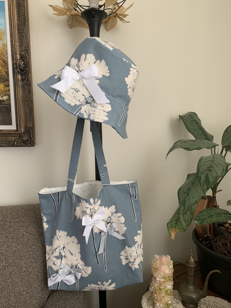 Hand sewn tote bag and hat