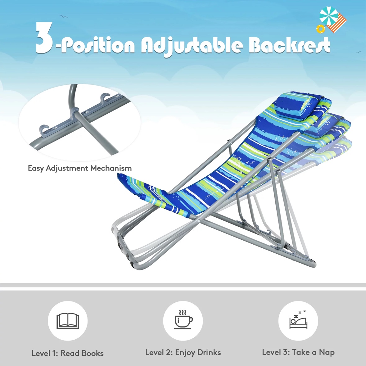 New Costway Set of 2 Beach Chair Portable Chair w/ Headrest Blue