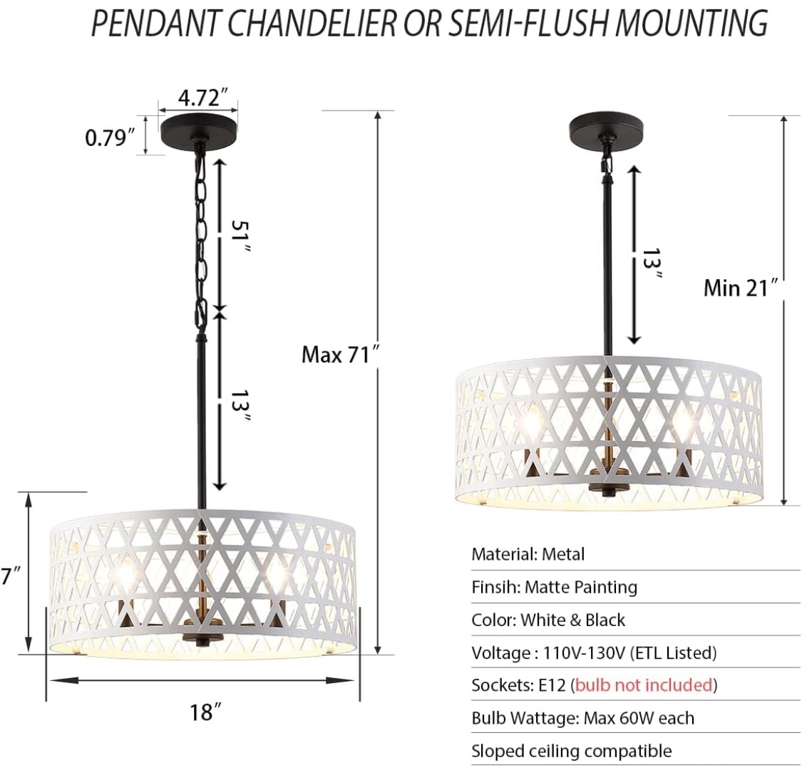 White Drum Style Modern Chandelier with Three Lights; Adjustable - photo 2