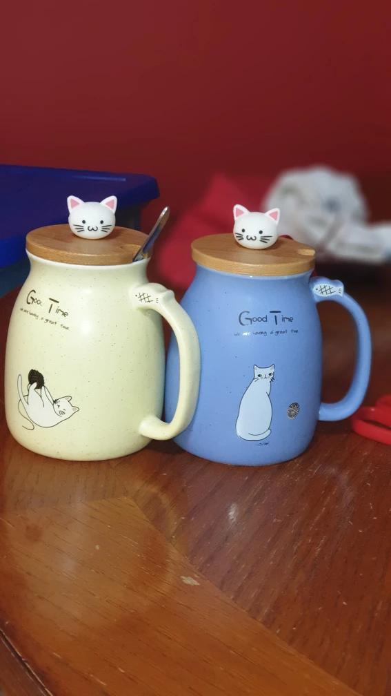 good time :kitty mugs with lids and spoons