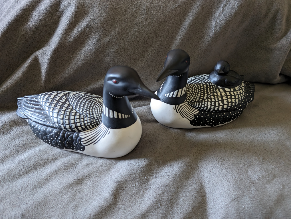 VINTAGE Loon Baby on Back Figurine Ceramic Hand Painted Signed