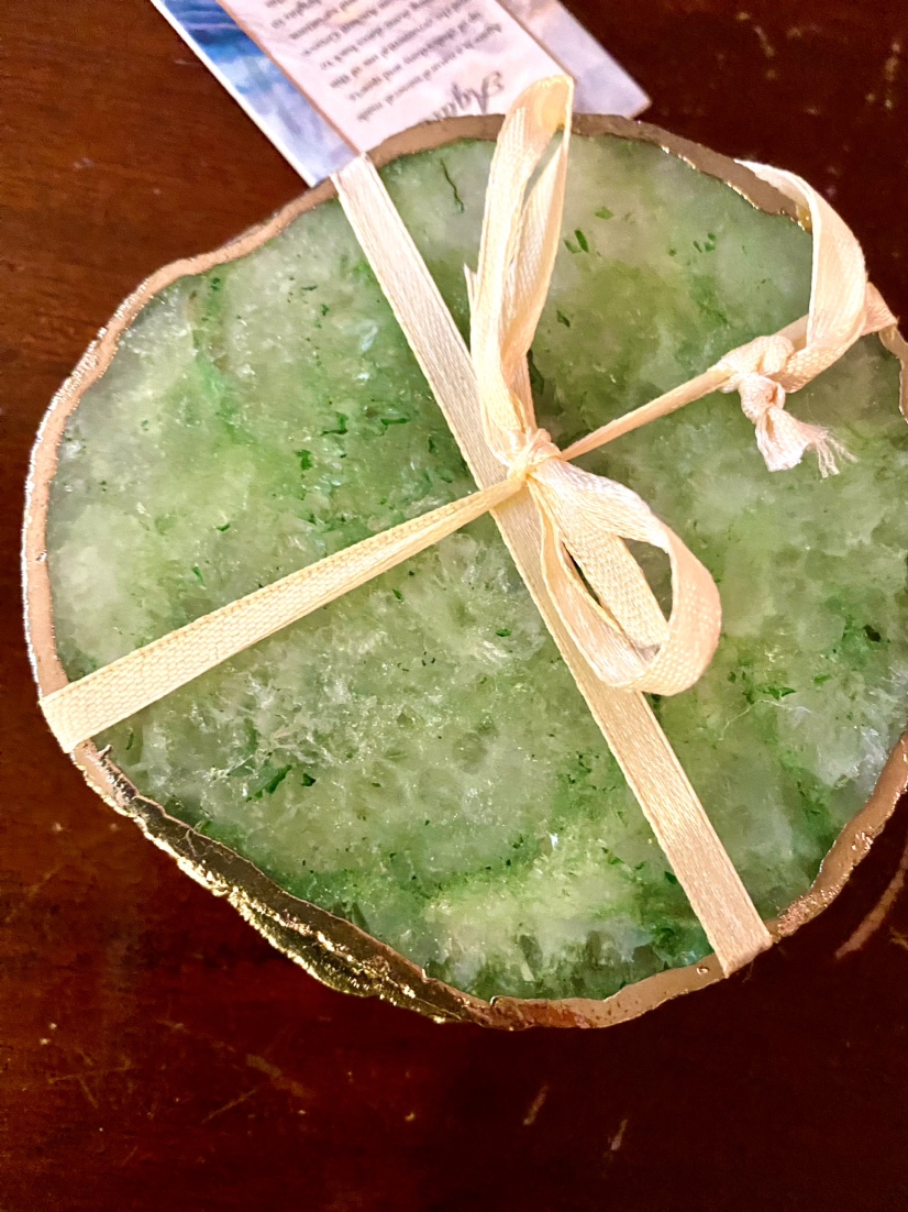 NWT Genuine Green Agate Gold-trimmed Crystal Coasters (4) image indicator(2)