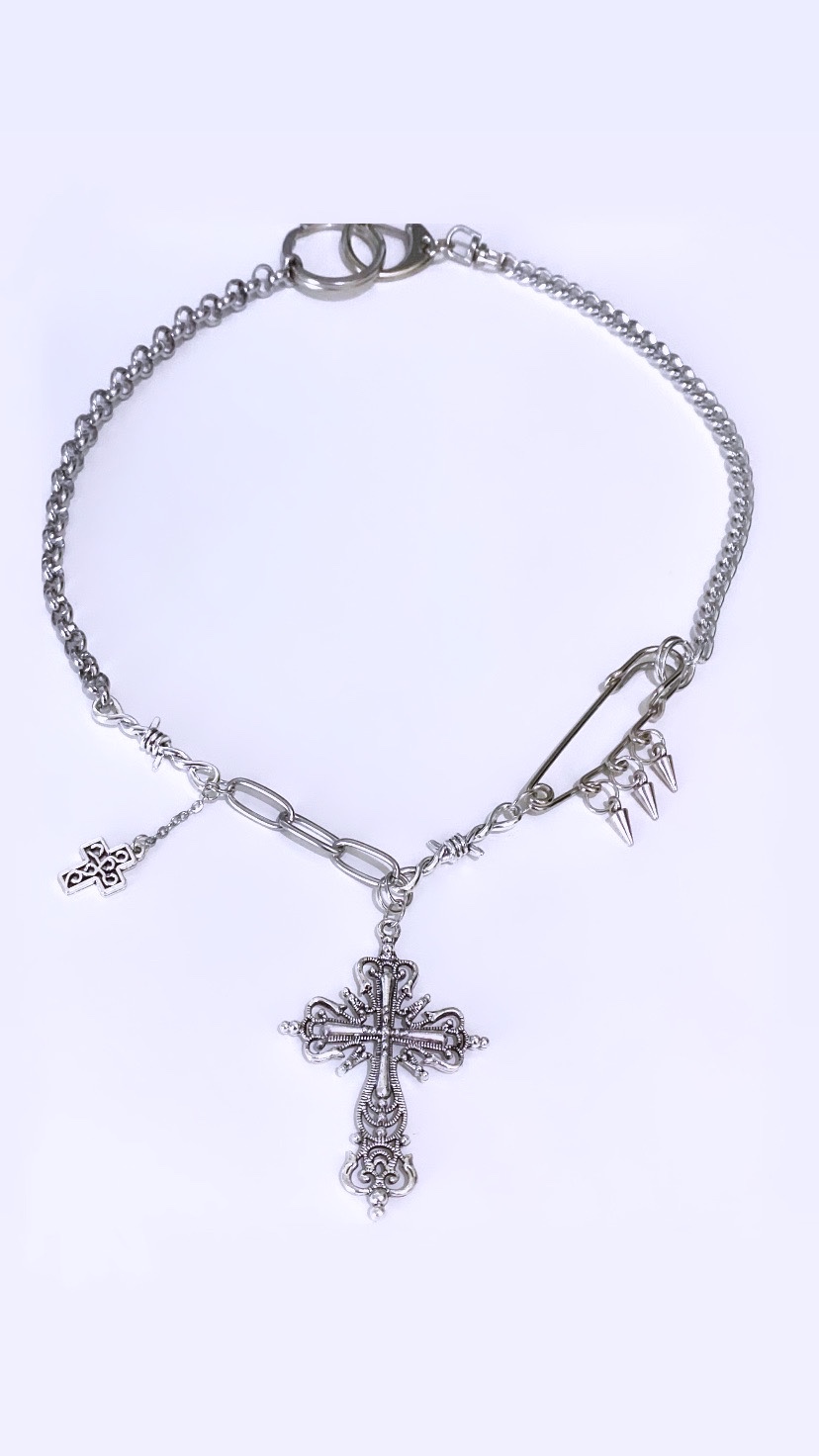 Grunge Large Cross Safety Pin Necklace (Handmade) thumbnail