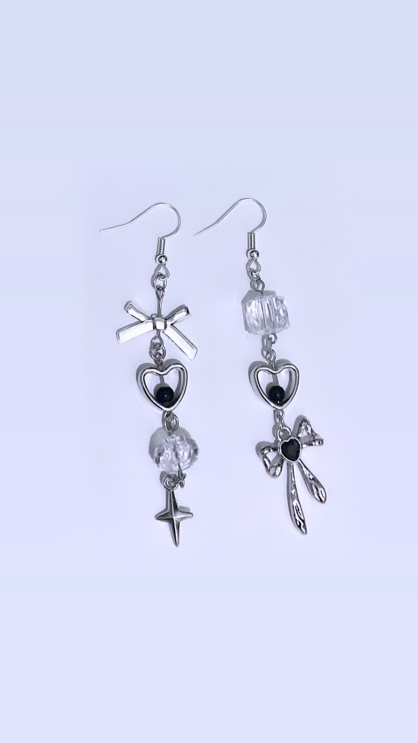 Asymmetrical Black Heart + Ribbon Bow Earrings (Handmade) thumbnail