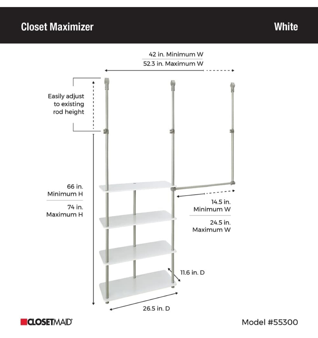 ClosetMaid 55300 Closet Maximizer, White, 11.6 x 53 x 74 inches image indicator(3)