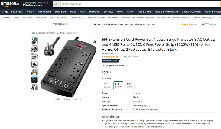 Surge Protector - 8 AC Outlets and 4 USB Ports, 6 Ft. ETL. thumbnail
