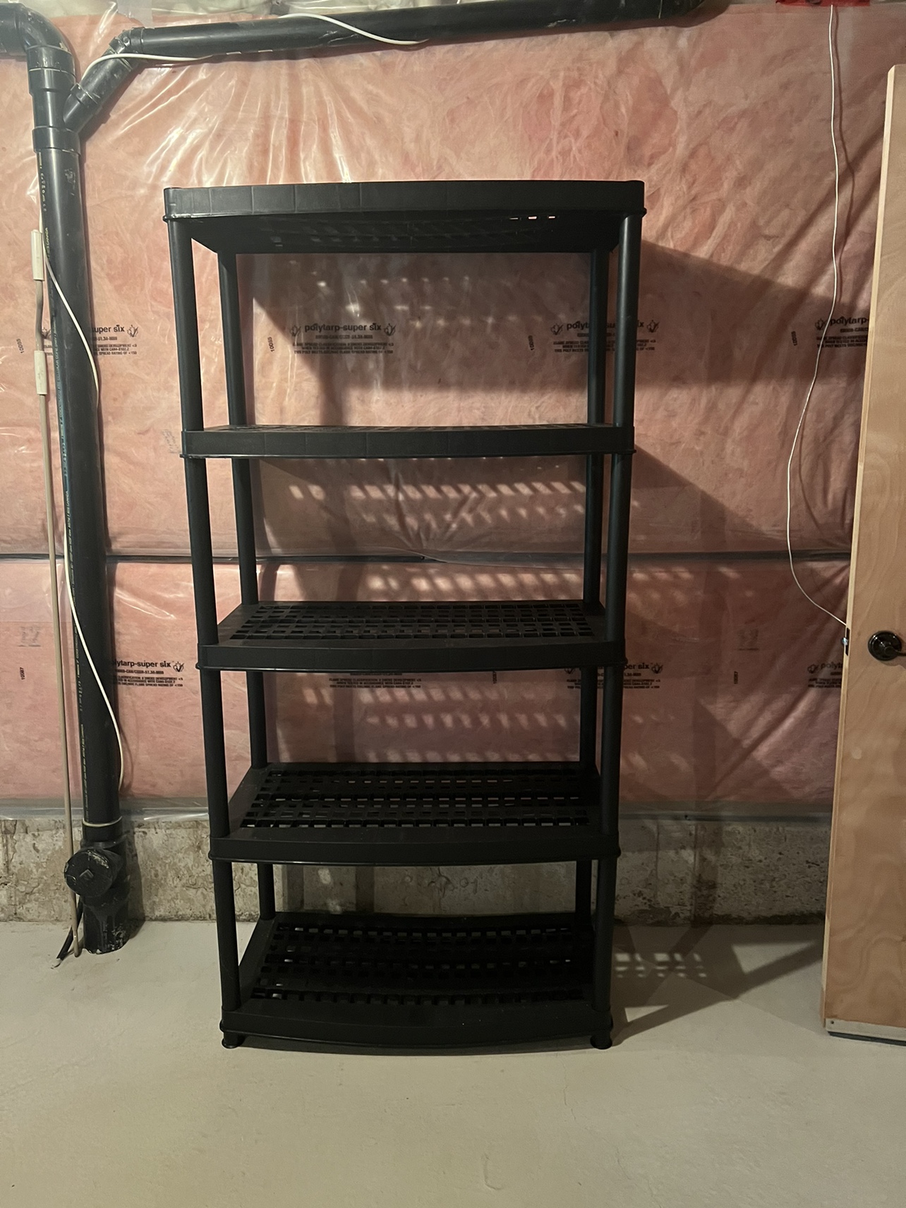 5 shelf resin plastic utility/garage rack. 72” T x 36” W x 18” D