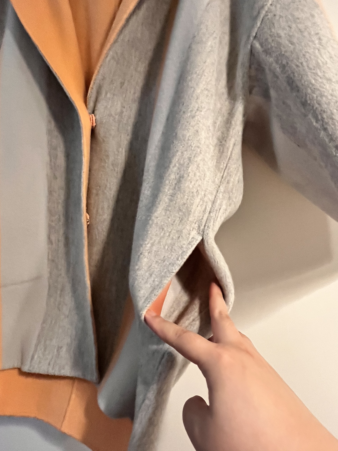 reversible double sided salmon and grey wool coat image indicator(3)