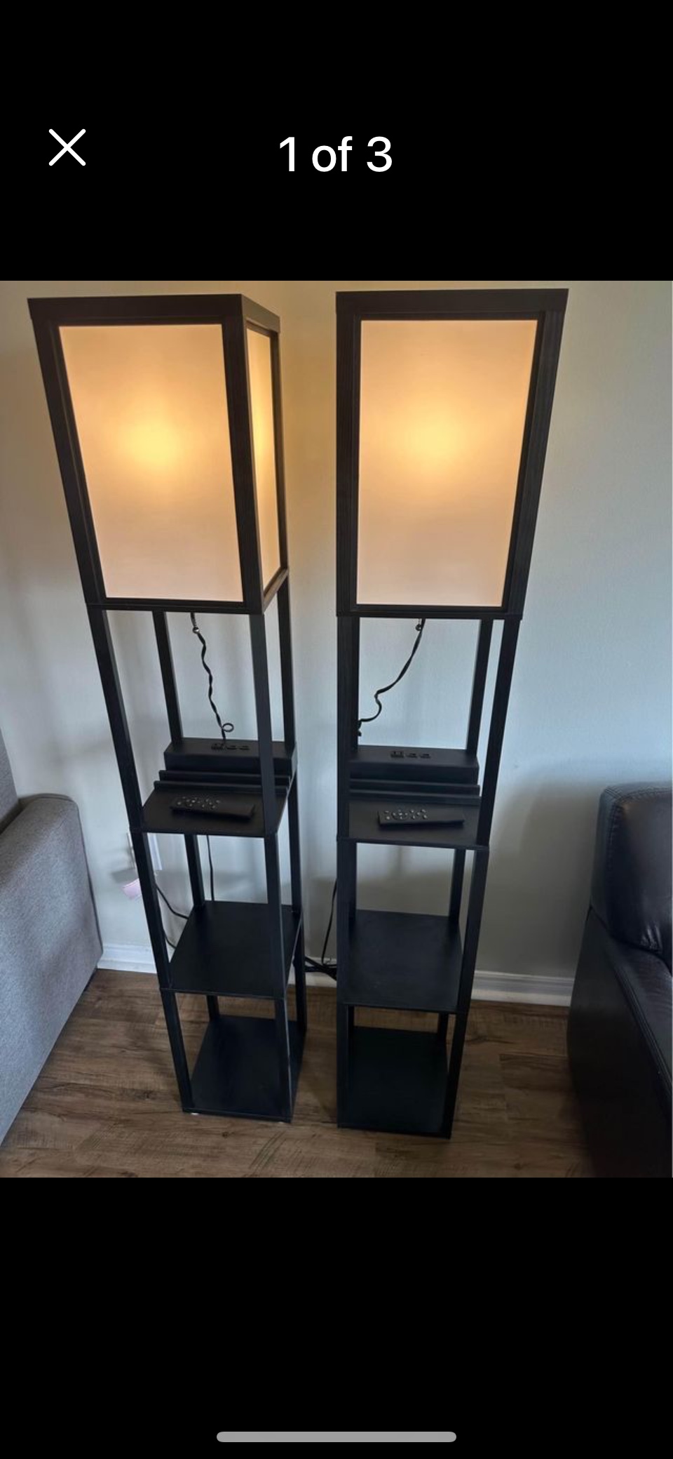 2 Floor Lamps with Shelves, USB, Power Outlet, Remotes