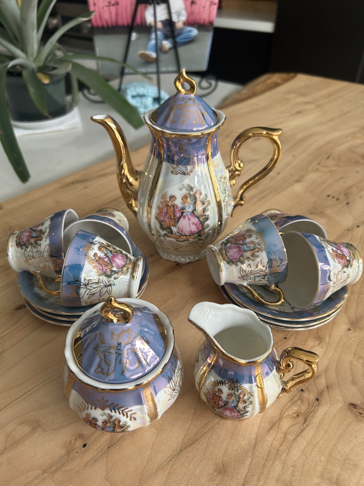 Vintage cup set with Victorian dancing couple. Made in Japan.