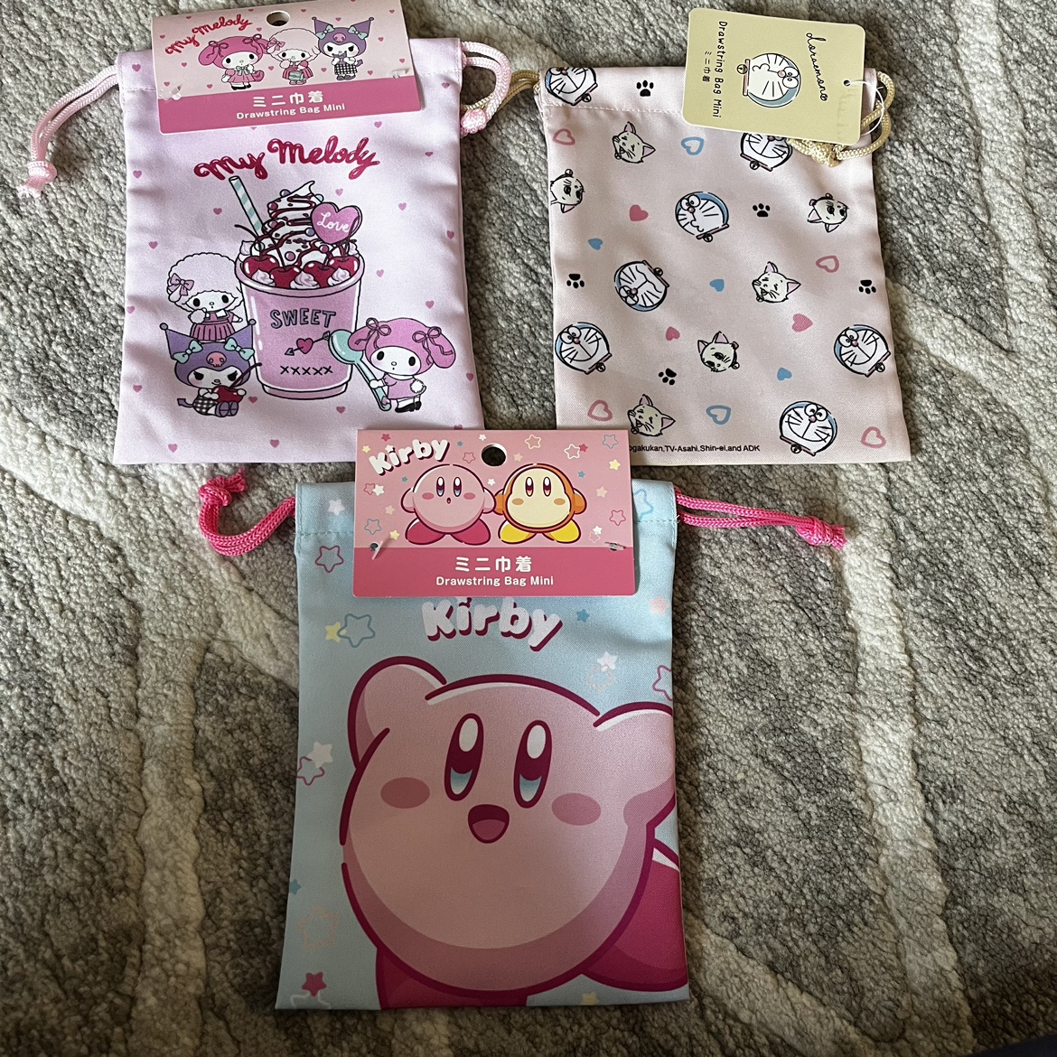 BNWT japan Kirby, Doraemon, My Melody drawstring bag