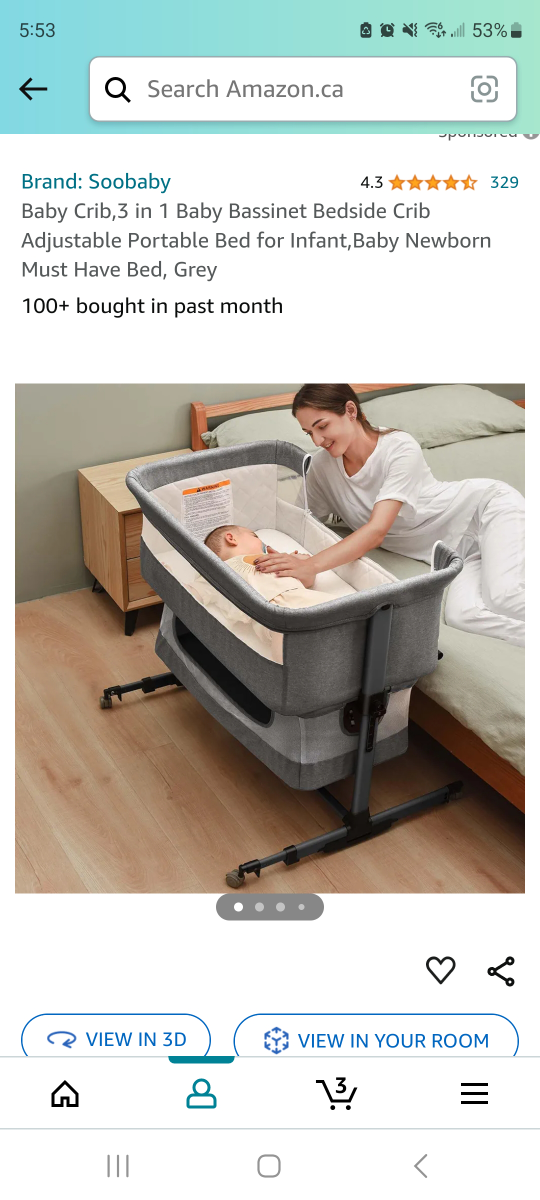 Grey 3 in 1 Baby Bassinet Bedside Crib