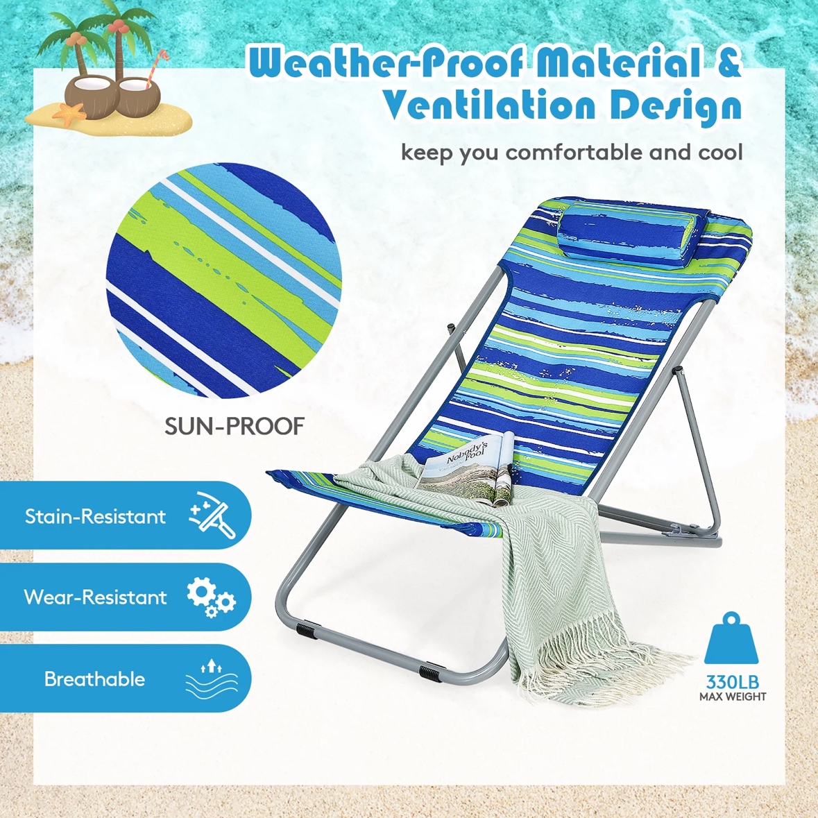 New Costway Set of 2 Beach Chair Portable Chair w/ Headrest Blue - photo 4