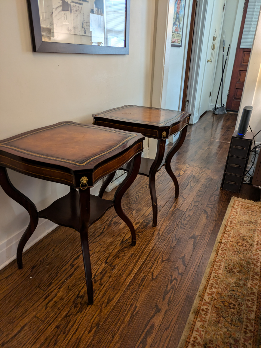 Antique,spider leg,leather top end tables, brass lion accents