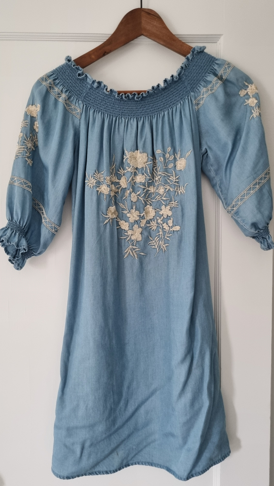 Light Blue Denim Off-The-Shoulder Embroidered Mini Dress - photo 2