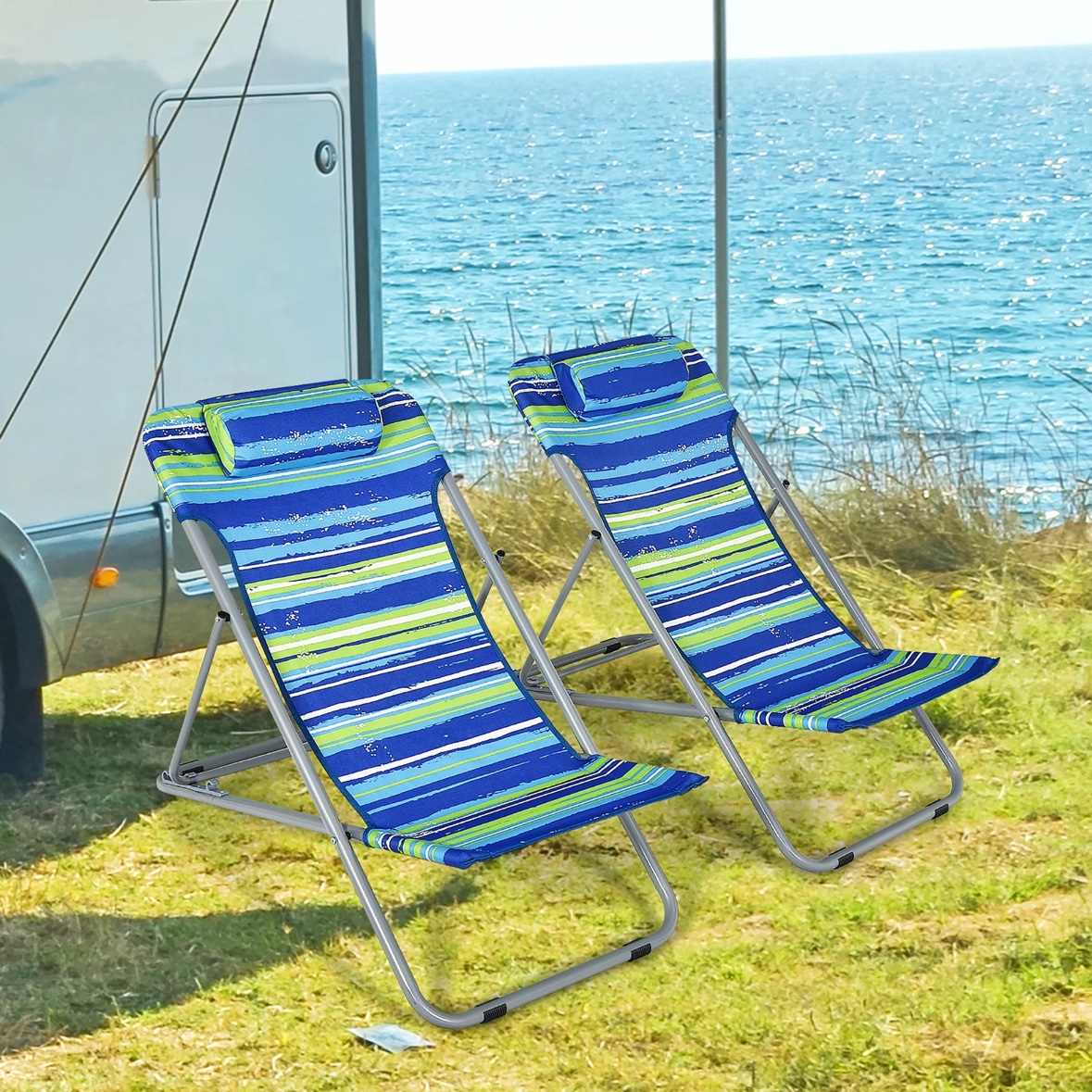 New Costway Set of 2 Beach Chair Portable Chair w/ Headrest Blue - photo 3