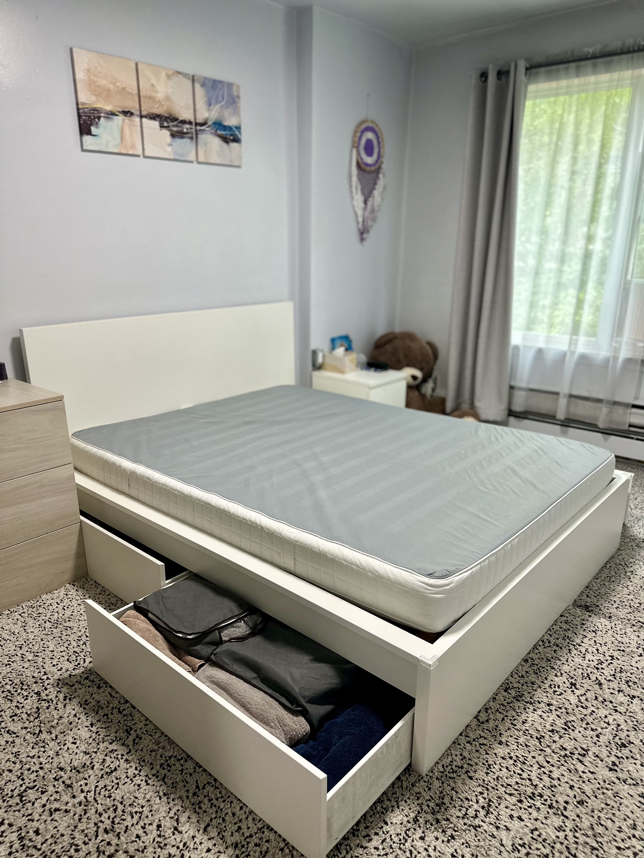 Ikea Queen MALM bed frame with storage and mattress