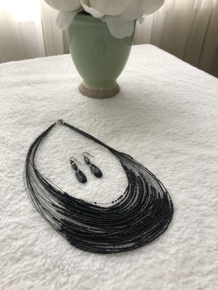 Black beaded necklace and earring set