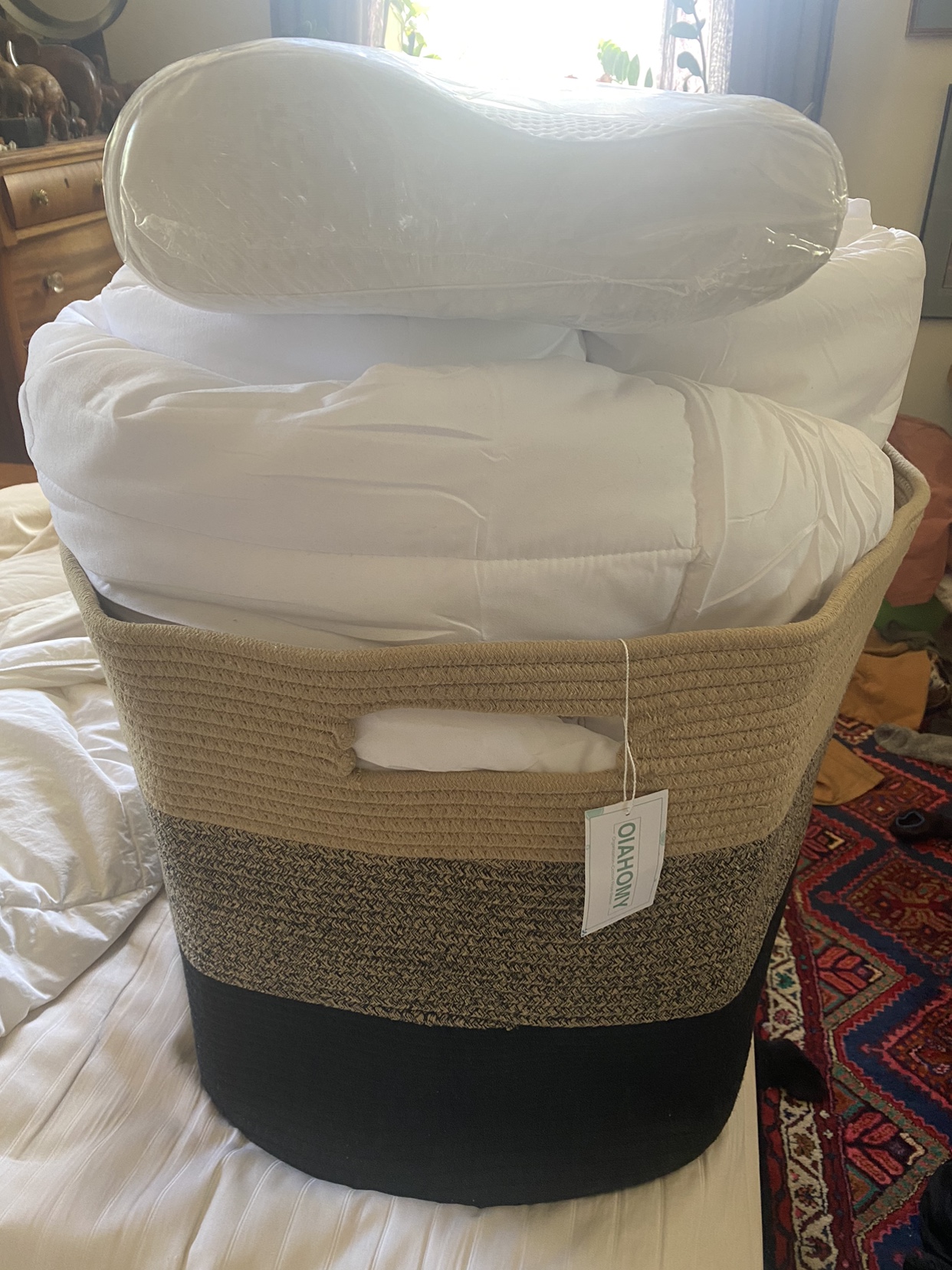 Basket of quilts and pillows NEW