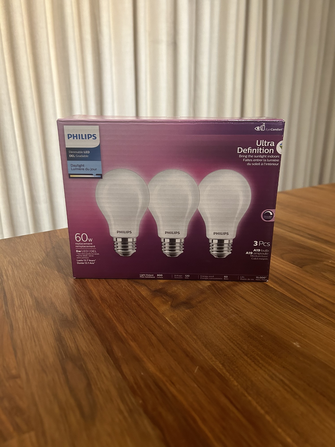 3 60w bulbs, Daylight Dimmable LED