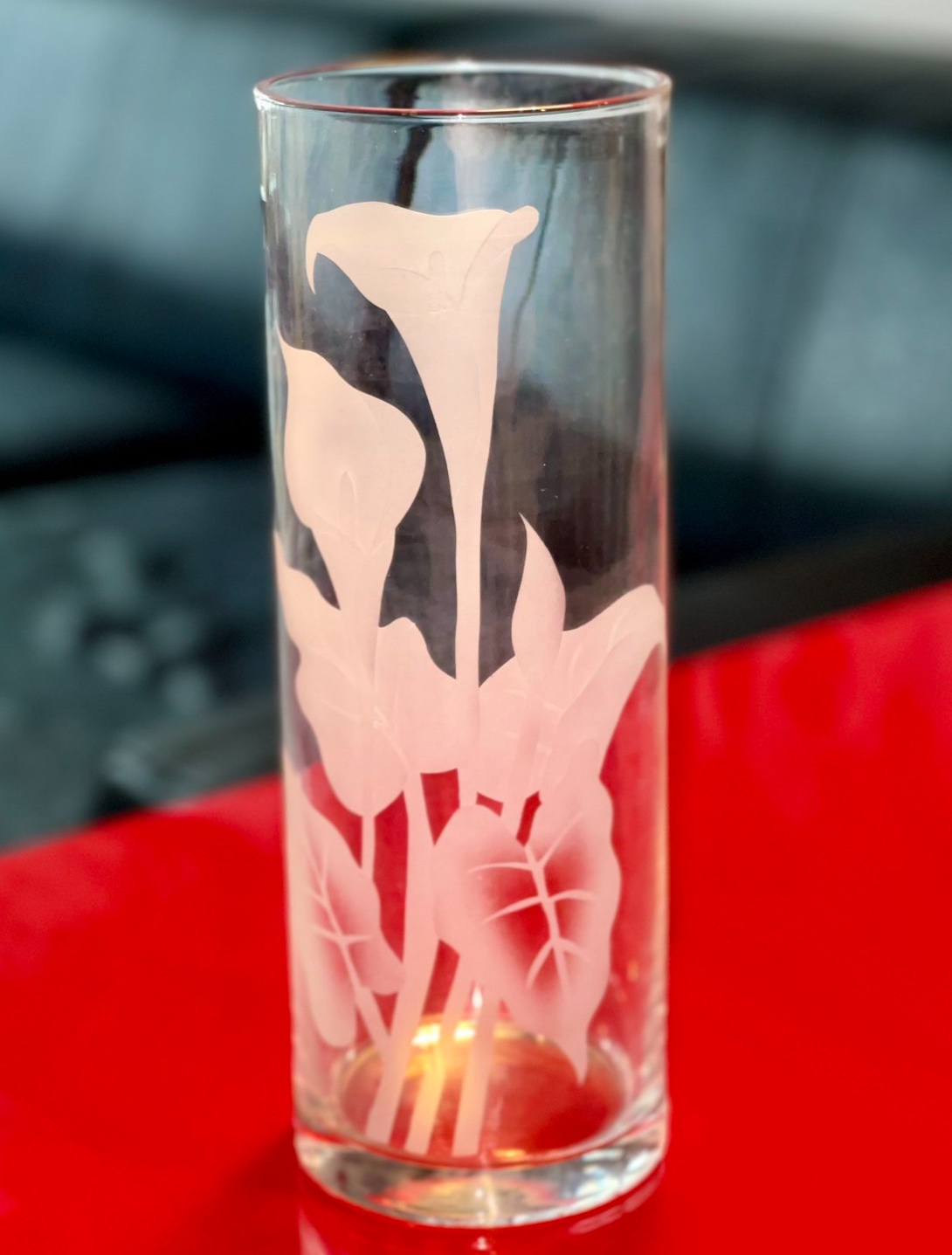 Glass Cylinder Vase With Lily Etchings
