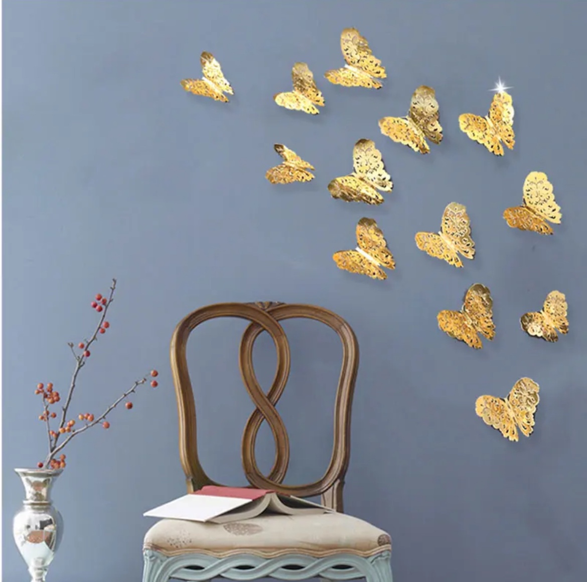 New Pack 12Pcs 3D Hollow Golden Butterfly Wall Sticker image indicator(3)